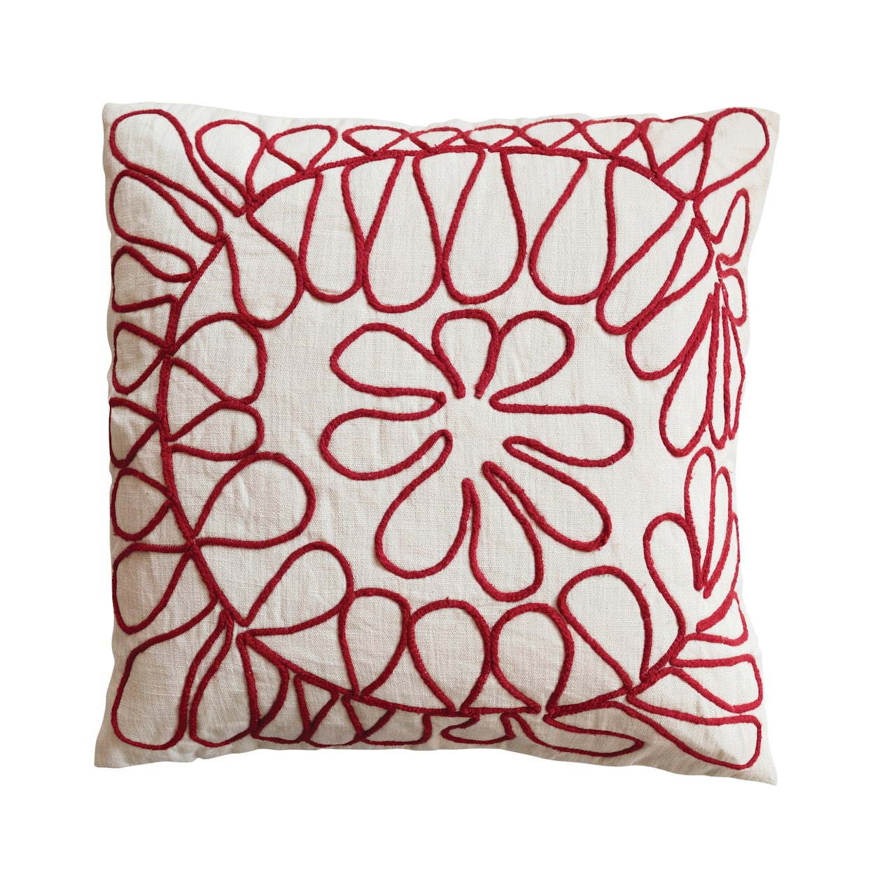 Hello Honey® 26" Cream & Red Embroidery Cotton Slub Pillow